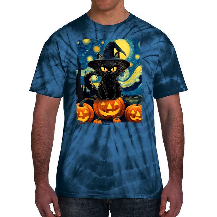 Witch Cat Starry Night Van Gogh Retro Halloween Cat Art Tie-Dye T-Shirt