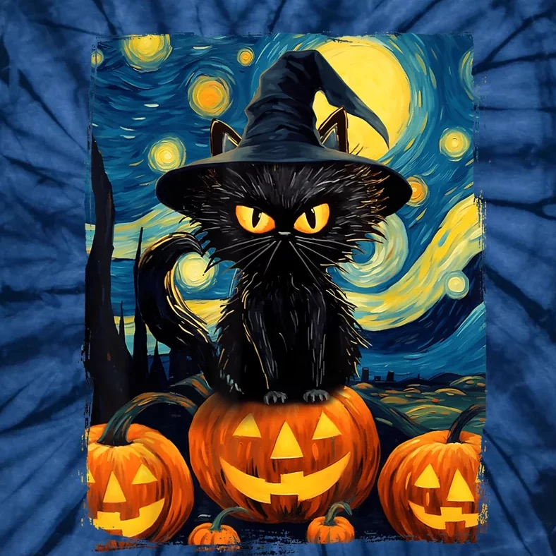 Witch Cat Starry Night Van Gogh Retro Halloween Cat Art Tie-Dye T-Shirt