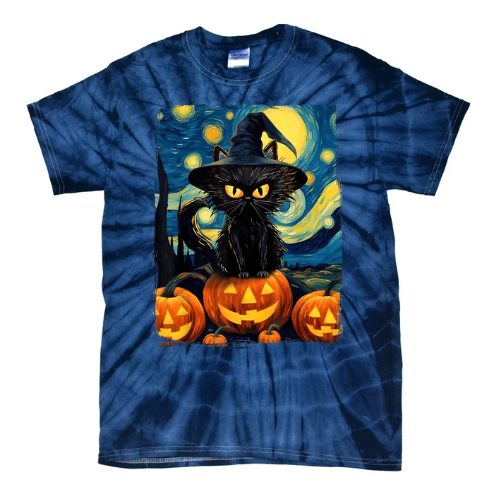 Witch Cat Starry Night Van Gogh Retro Halloween Cat Art Tie-Dye T-Shirt