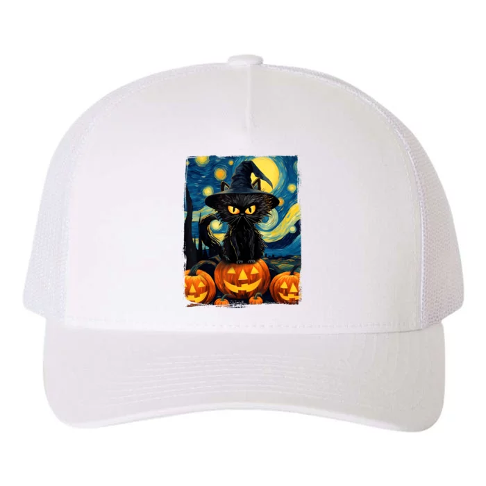 Witch Cat Starry Night Van Gogh Retro Halloween Cat Art Yupoong Adult 5-Panel Trucker Hat