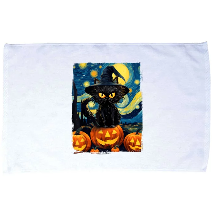 Witch Cat Starry Night Van Gogh Retro Halloween Cat Art Microfiber Hand Towel