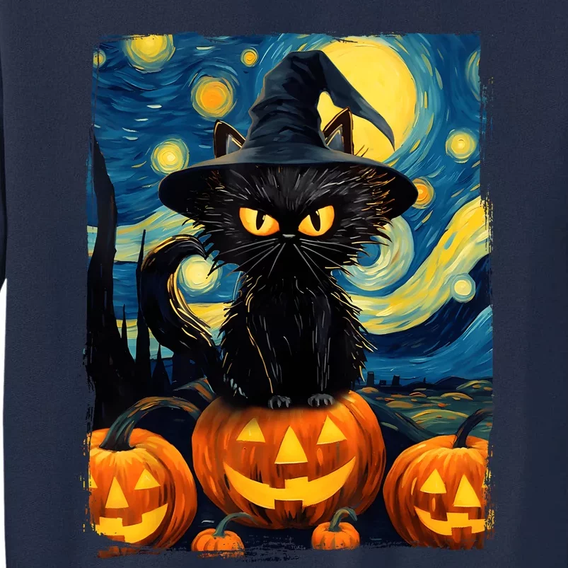 Witch Cat Starry Night Van Gogh Retro Halloween Cat Art Kids Tall Sweatshirt