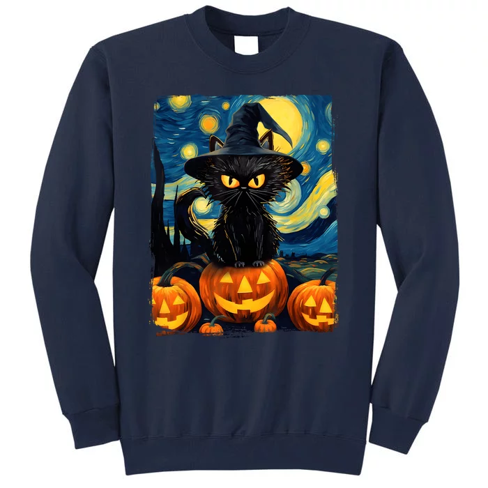 Witch Cat Starry Night Van Gogh Retro Halloween Cat Art Kids Tall Sweatshirt