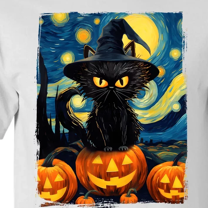 Witch Cat Starry Night Van Gogh Retro Halloween Cat Art Kids Tall T-Shirt