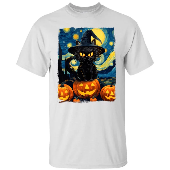 Witch Cat Starry Night Van Gogh Retro Halloween Cat Art Kids Tall T-Shirt