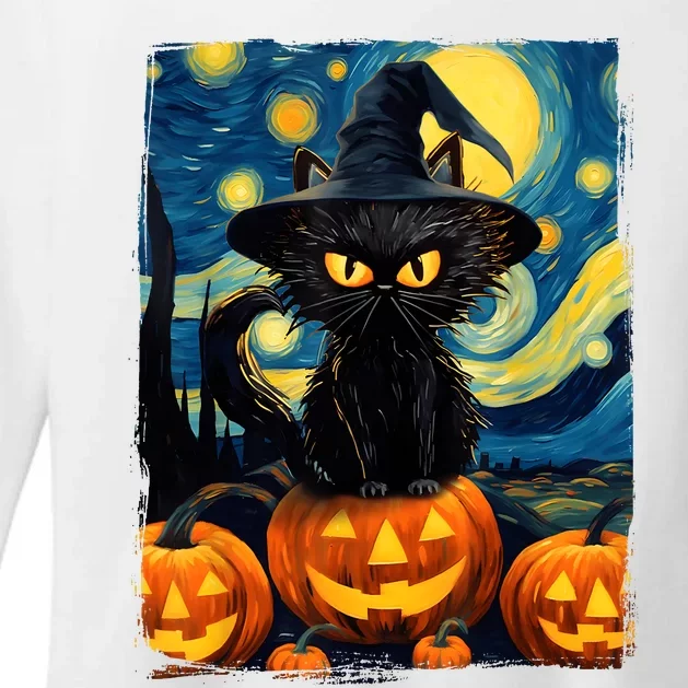 Witch Cat Starry Night Van Gogh Retro Halloween Cat Art Kids Womens CVC Long Sleeve Shirt