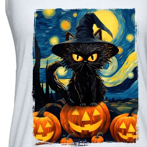 Witch Cat Starry Night Van Gogh Retro Halloween Cat Art Kids Ladies Essential Flowy Tank