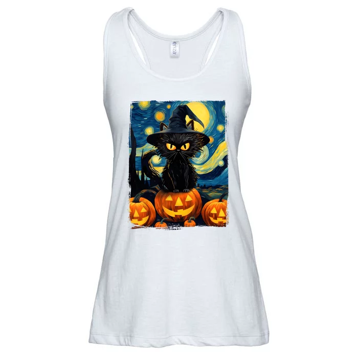 Witch Cat Starry Night Van Gogh Retro Halloween Cat Art Kids Ladies Essential Flowy Tank