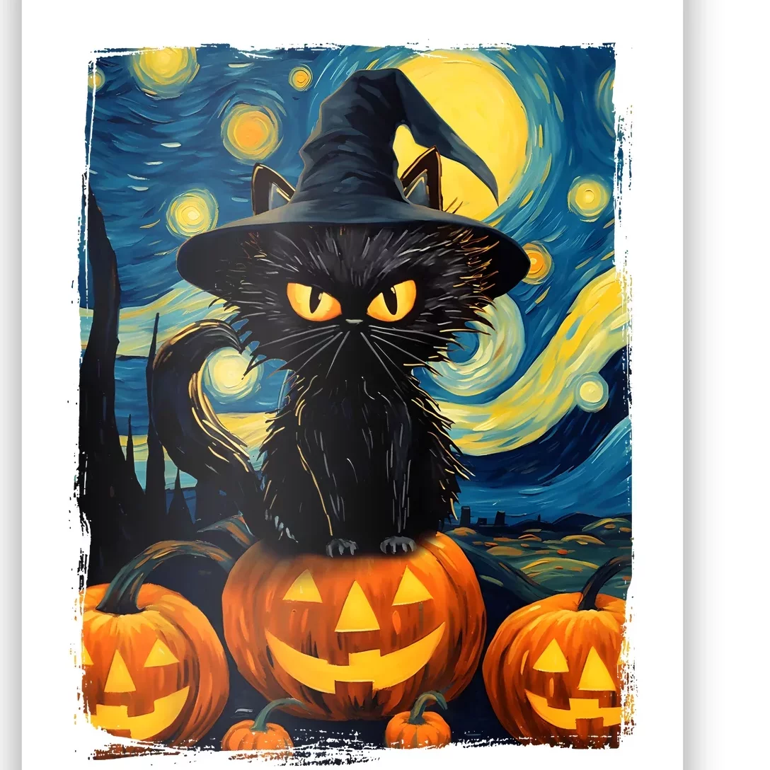 Witch Cat Starry Night Van Gogh Retro Halloween Cat Art Kids Poster