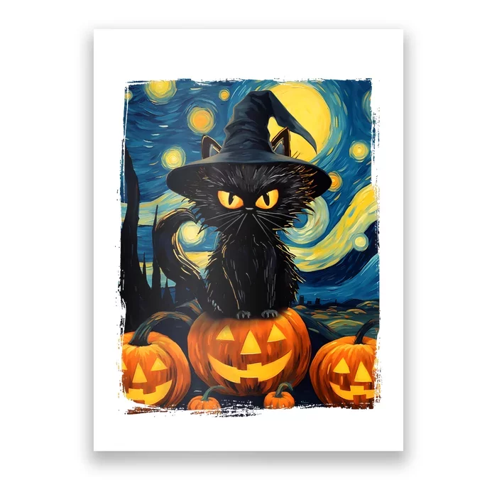 Witch Cat Starry Night Van Gogh Retro Halloween Cat Art Kids Poster