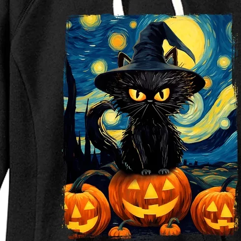 Witch Cat Starry Night Van Gogh Retro Halloween Cat Art Women's Fleece Hoodie