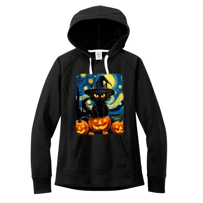 Witch Cat Starry Night Van Gogh Retro Halloween Cat Art Women's Fleece Hoodie