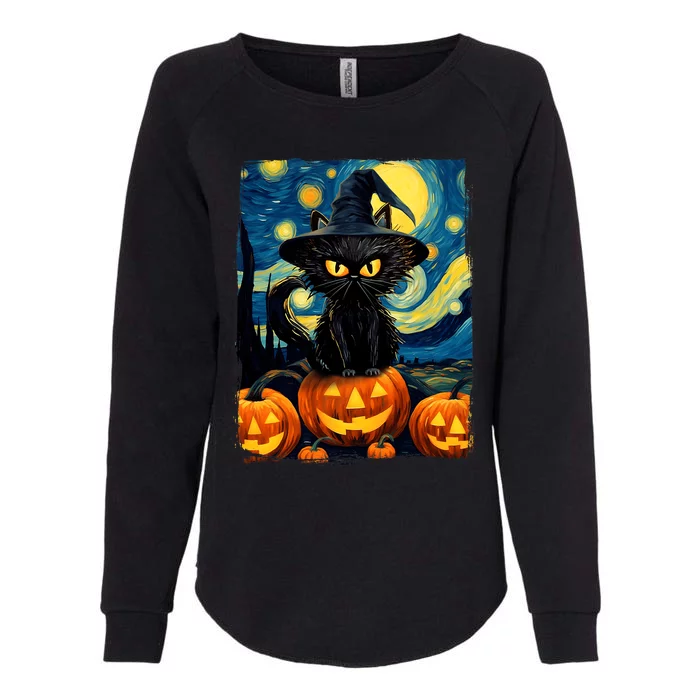 Witch Cat Starry Night Van Gogh Retro Halloween Cat Art Womens California Wash Sweatshirt