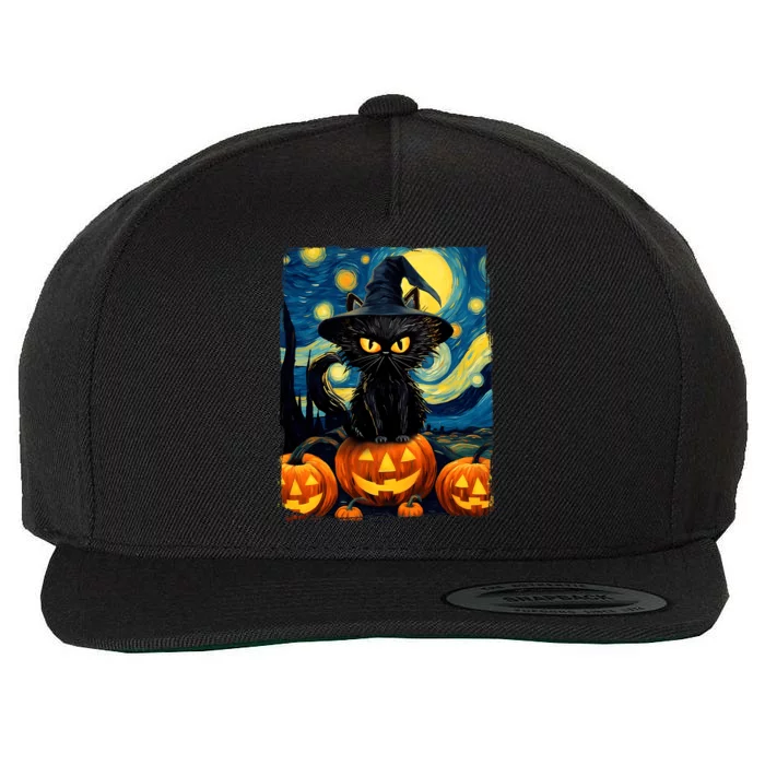 Witch Cat Starry Night Van Gogh Retro Halloween Cat Art Wool Snapback Cap