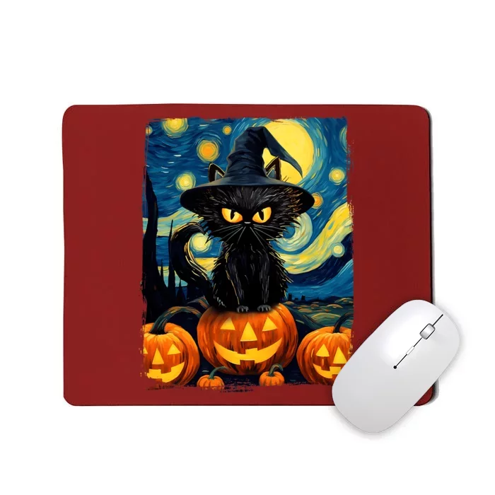 Witch Cat Starry Night Van Gogh Retro Halloween Cat Art Mousepad