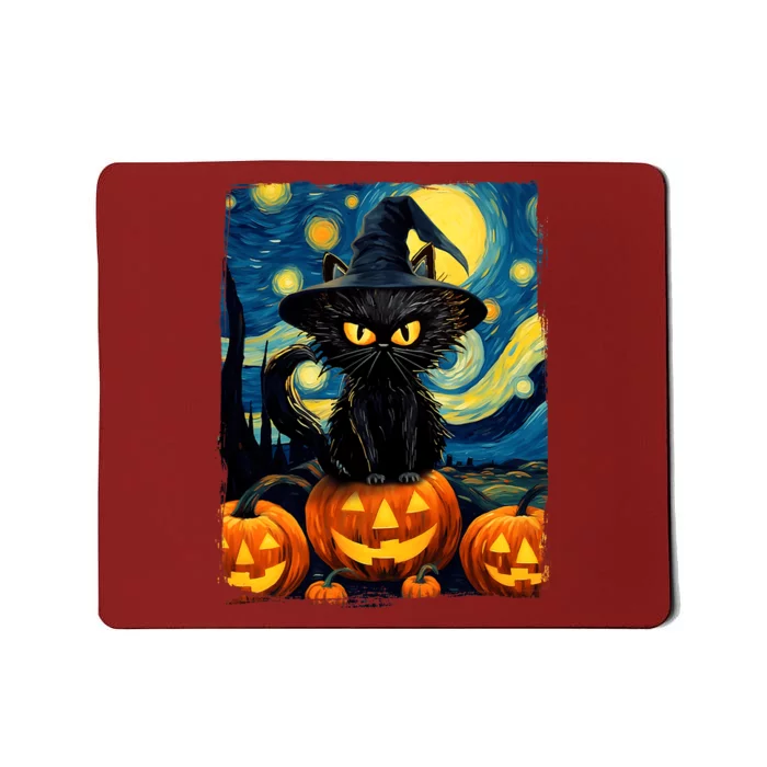 Witch Cat Starry Night Van Gogh Retro Halloween Cat Art Mousepad