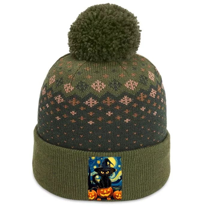 Witch Cat Starry Night Van Gogh Retro Halloween Cat Art The Baniff Cuffed Pom Beanie