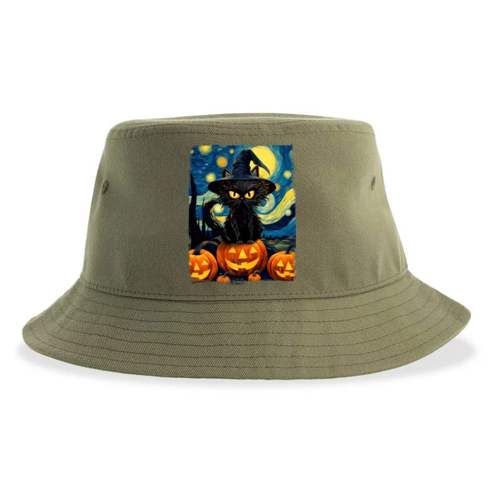 Witch Cat Starry Night Van Gogh Retro Halloween Cat Art Sustainable Bucket Hat