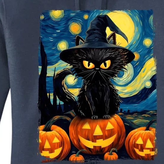 Witch Cat Starry Night Van Gogh Retro Halloween Cat Art Women's Pullover Hoodie