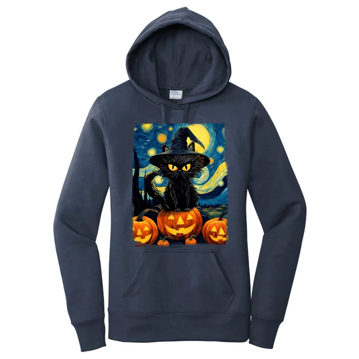 Witch Cat Starry Night Van Gogh Retro Halloween Cat Art Women's Pullover Hoodie