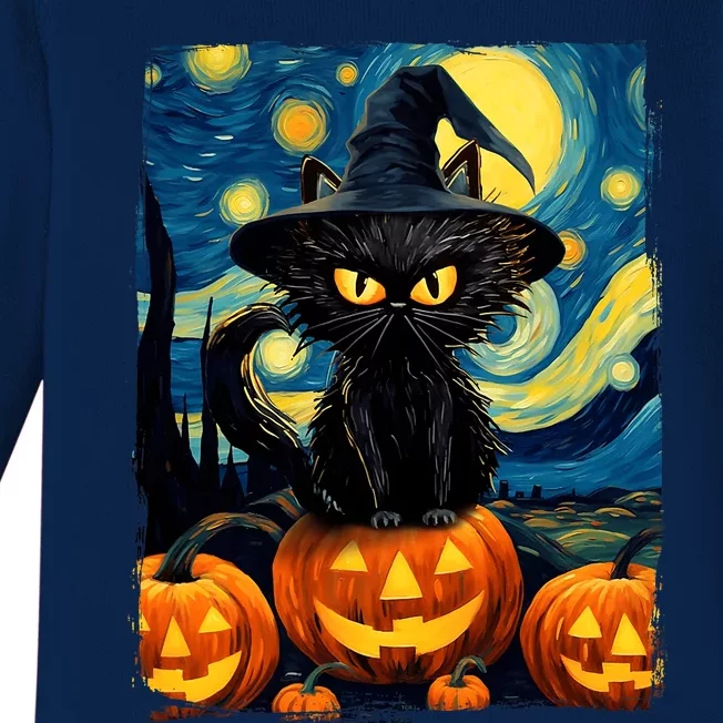 Witch Cat Starry Night Van Gogh Retro Halloween Cat Art Baby Long Sleeve Bodysuit