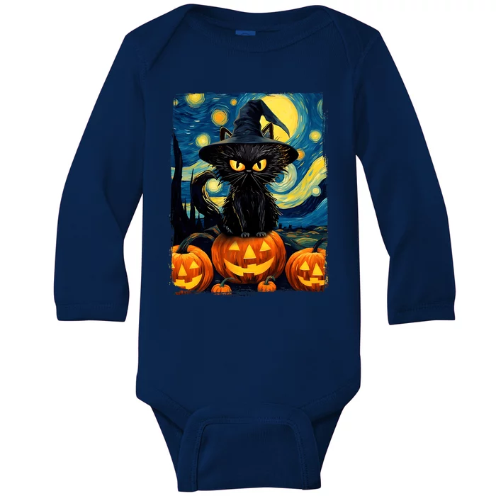 Witch Cat Starry Night Van Gogh Retro Halloween Cat Art Baby Long Sleeve Bodysuit