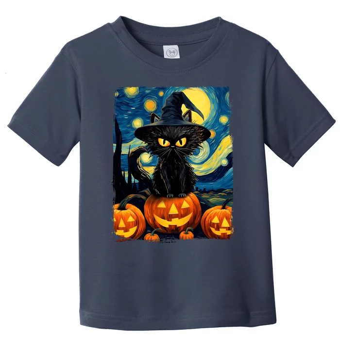 Witch Cat Starry Night Van Gogh Retro Halloween Cat Art Toddler T-Shirt