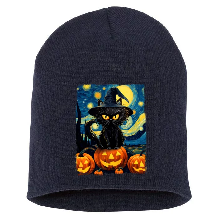 Witch Cat Starry Night Van Gogh Retro Halloween Cat Art Short Acrylic Beanie