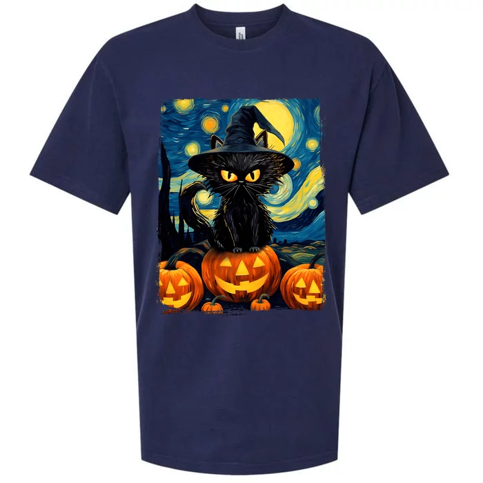 Witch Cat Starry Night Van Gogh Retro Halloween Cat Art Sueded Cloud Jersey T-Shirt