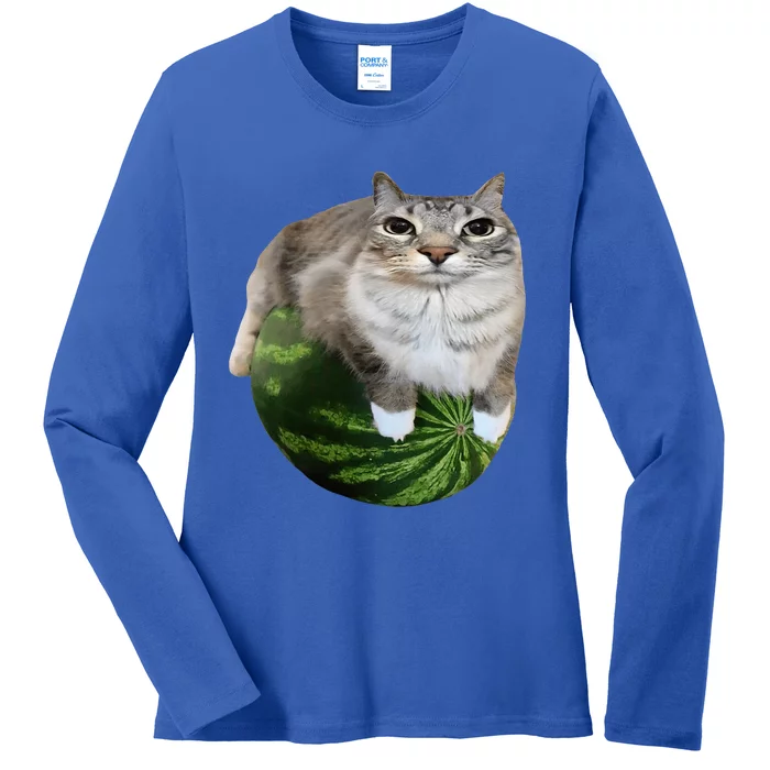 Watermelon Cat Silly Cat Meme Ladies Long Sleeve Shirt