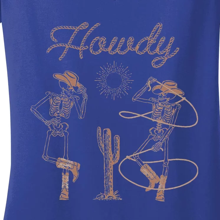 Western Cowboy Skeleton Dancing Howdy Halloween Women's V-Neck T-Shirt