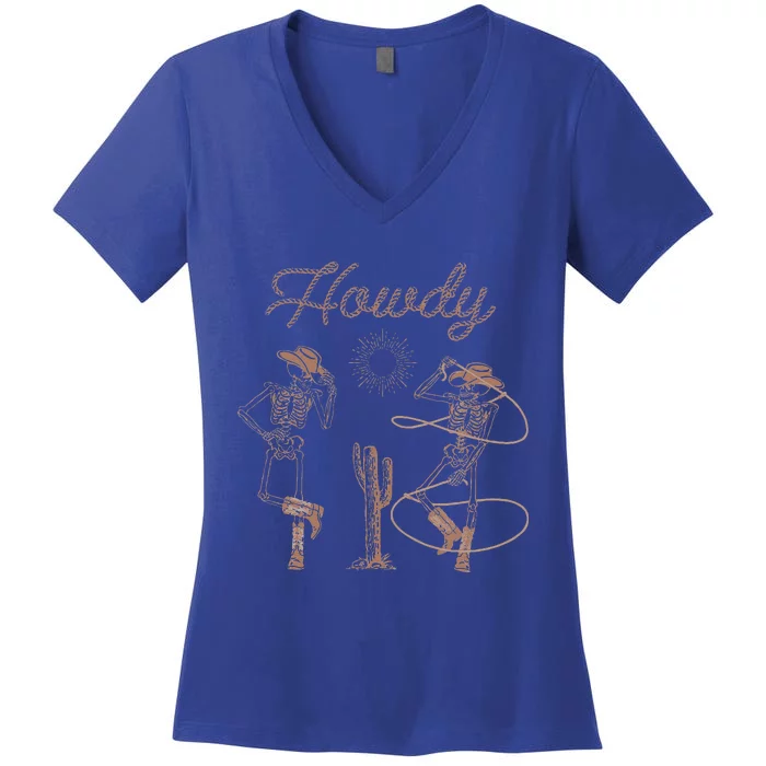 Western Cowboy Skeleton Dancing Howdy Halloween Women's V-Neck T-Shirt