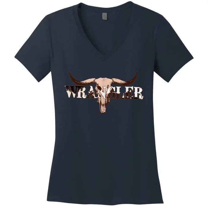 Wrangler Cowhide Shirt, Cow Skull Shirt, Cow Print Wrangler Women's V-Neck T-Shirt