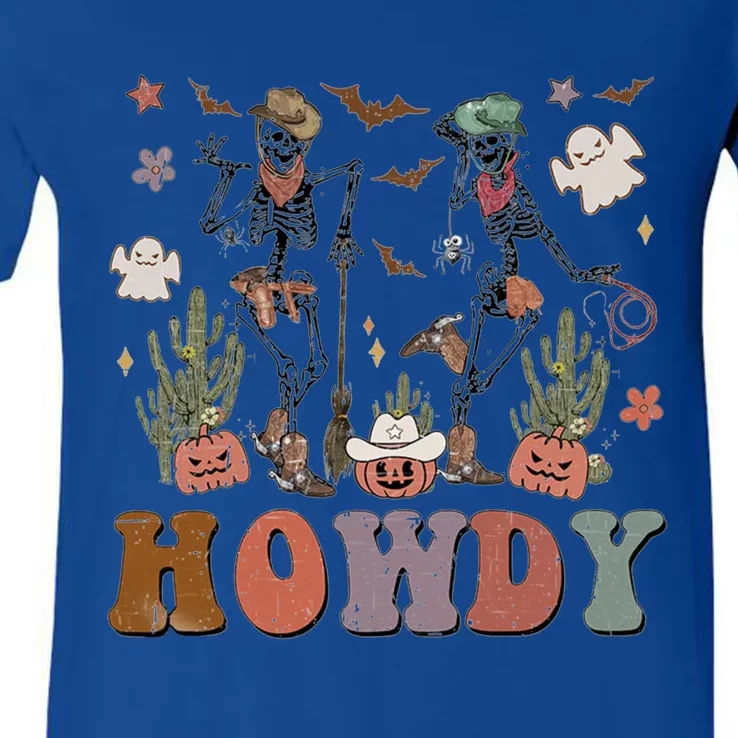 Western Cowboy Skeleton Dancing Howdy Halloween Pumpkin Gift V-Neck T-Shirt