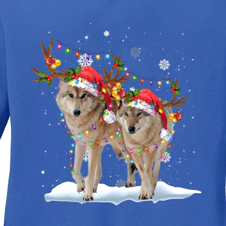 Wolf Christmas Santa Hat Tree Lights Xmas Funny Wolf Gift Ladies Long Sleeve Shirt