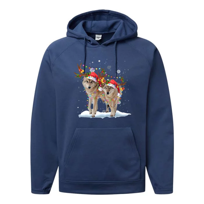 Wolf Christmas Santa Hat Tree Lights Xmas Funny Wolf Gift Performance Fleece Hoodie