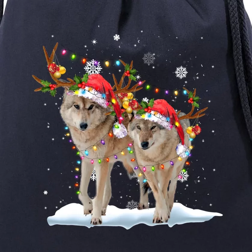 Wolf Christmas Santa Hat Tree Lights Xmas Funny Wolf Gift Drawstring Bag