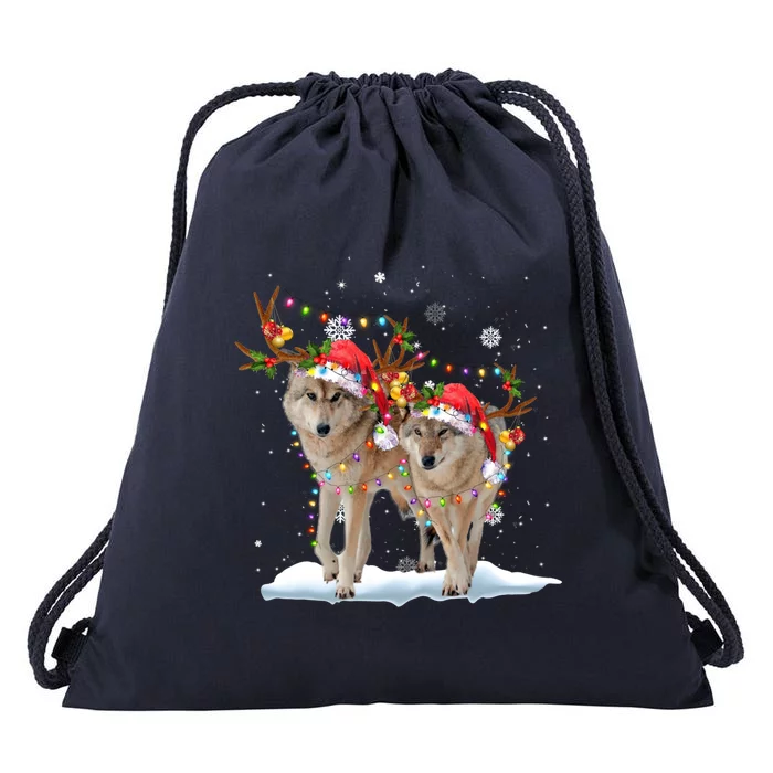 Wolf Christmas Santa Hat Tree Lights Xmas Funny Wolf Gift Drawstring Bag