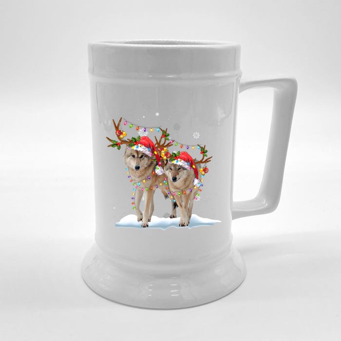 Wolf Christmas Santa Hat Tree Lights Xmas Funny Wolf Gift Front & Back Beer Stein