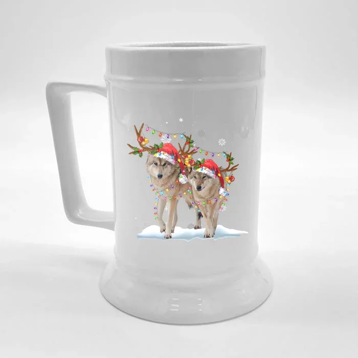 Wolf Christmas Santa Hat Tree Lights Xmas Funny Wolf Gift Front & Back Beer Stein