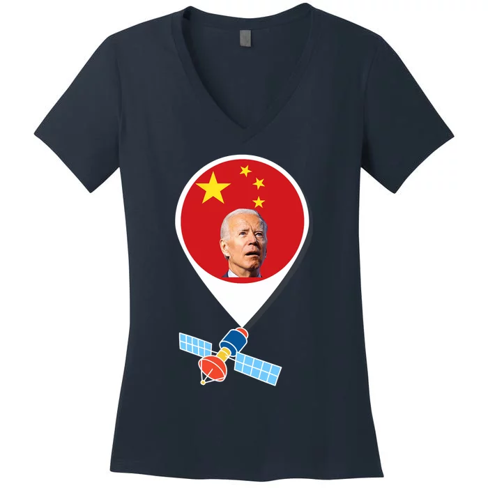 Wo Chinese Spy Balloon Funny Surveillance Joe Biden China Flag V-Neck Women's V-Neck T-Shirt