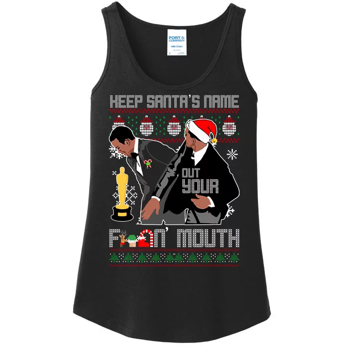 Will Chris Slap Award Show Keep Santa's Name Out Your Mouth Ugly Christmas Ladies Essential Tank