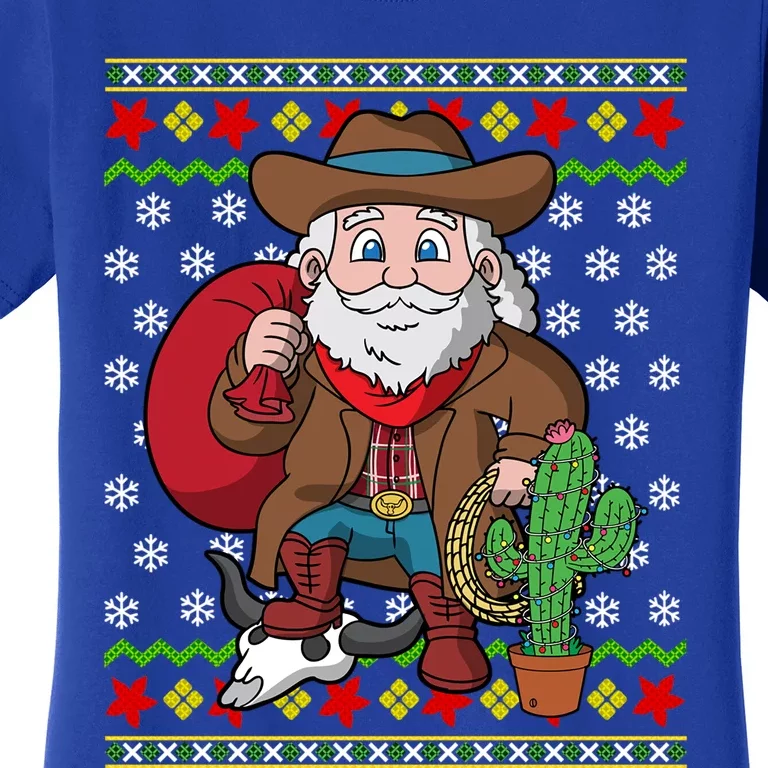 Western Cow Santa Claus Ugly Christmas Sweater Pattern Cool Gift Women's T-Shirt