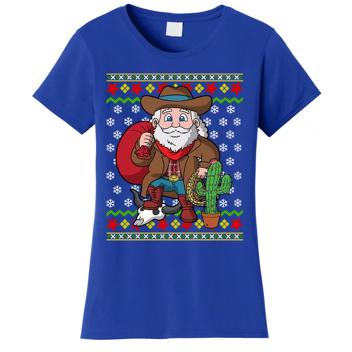 Western Cow Santa Claus Ugly Christmas Sweater Pattern Cool Gift Women's T-Shirt