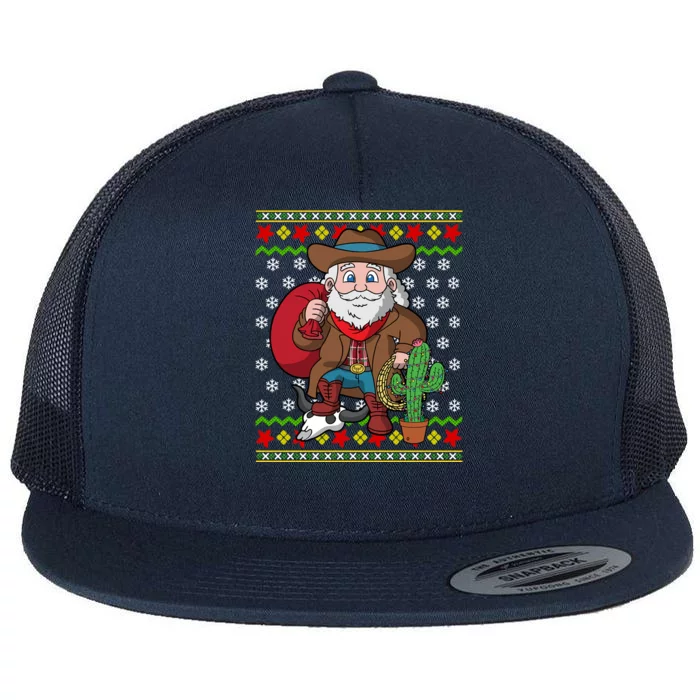 Western Cow Santa Claus Ugly Christmas Sweater Pattern Cool Gift Flat Bill Trucker Hat