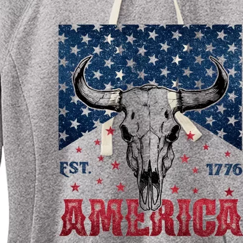 Western Cow Skull America Est 1776 Women's Fleece Hoodie