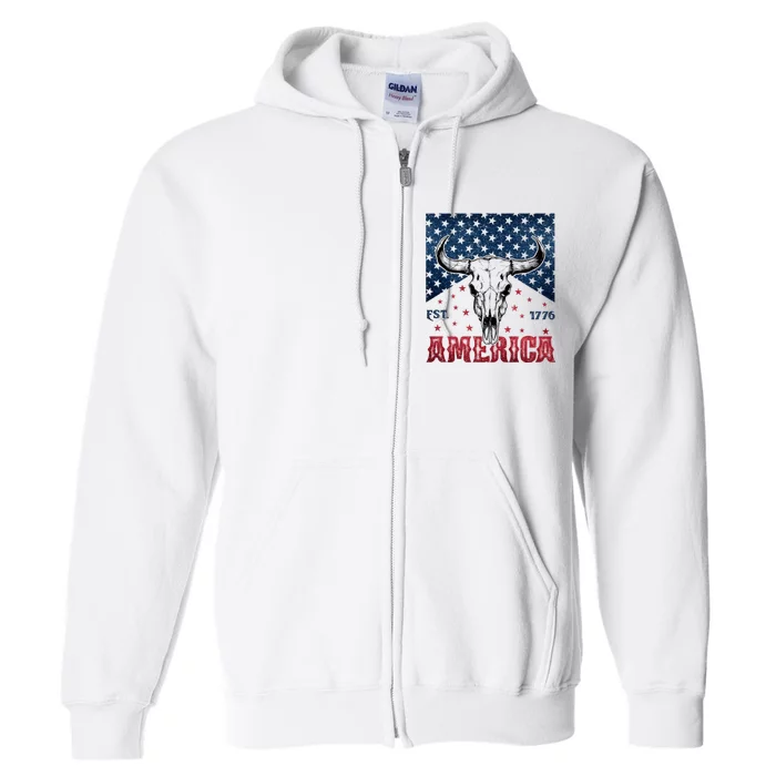 Western Cow Skull America Est 1776 Full Zip Hoodie