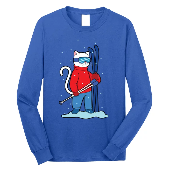 Winter Cat Ski Skier Skiing Cute Gift Long Sleeve Shirt