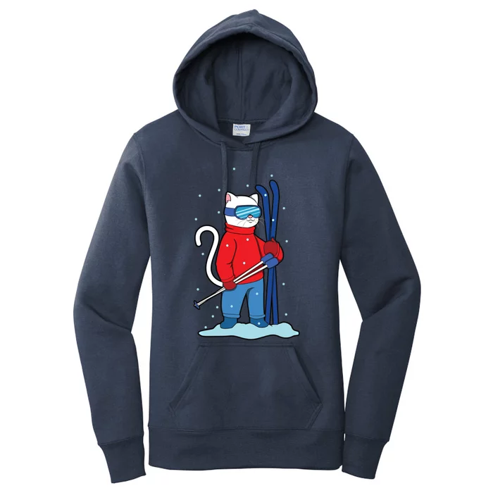 Winter Cat Ski Skier Skiing Cute Gift Women's Pullover Hoodie