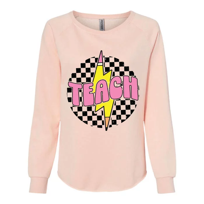 Women Checkered Teach Pencil Lightning Bolt Back To School Womens California Wash Sweatshirt